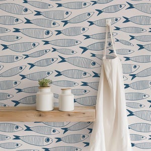 Coastal Sardines Blue & White Wallpaper | Vintage Fish Bathroom or Kitchen Wall Mural