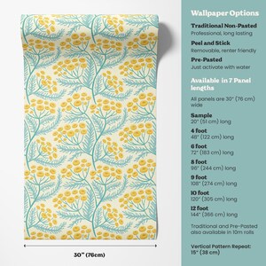 a wallpaper option with a traditional non-pasted peel and stick design, available in 7 panel lengths, and a sample of the pattern. The wallpaper is available in 30" (76 cm) wide panels, with sample panels ranging from 20" (51 cm) to 10" (144 cm) long. The pattern repeats vertically, with a width of 15" (38 cm) and a height of 28" (76 cm).