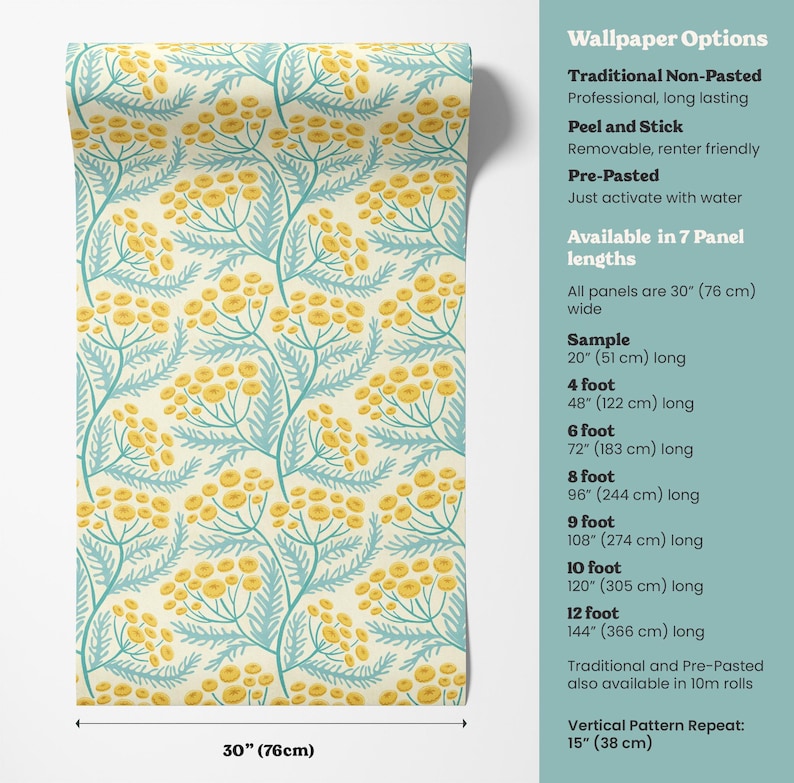 a wallpaper option with a traditional non-pasted peel and stick design, available in 7 panel lengths, and a sample of the pattern. The wallpaper is available in 30" (76 cm) wide panels, with sample panels ranging from 20" (51 cm) to 10" (144 cm) long. The pattern repeats vertically, with a width of 15" (38 cm) and a height of 28" (76 cm).