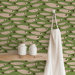 Sardines Vintage Fish Warm Green Wallpaper | Bold Mid Century Coastal Bathroom or Retro Kitchen Wall Art | Peel & Stick or Paste-the-Wall