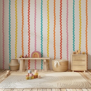 Papel pintado de rayas onduladas arcoíris / Habitación infantil fresca y colorida / Paredes divertidas de estilo escandinavo para sala de juegos o guardería / Autoadhesivo o sin adhesivo imagen 4