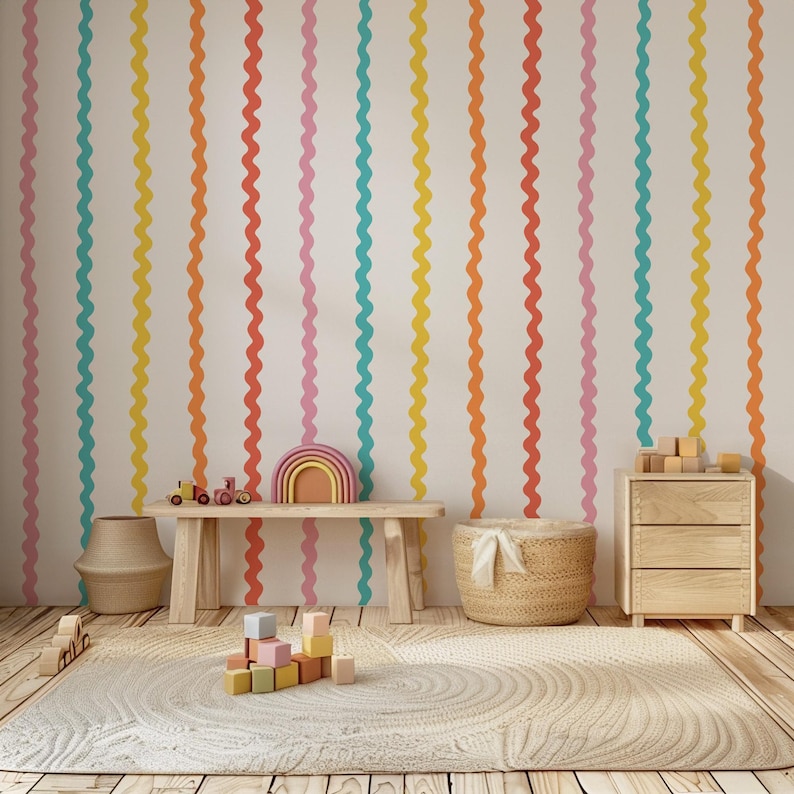 Papel pintado de rayas onduladas arcoíris / Habitación infantil fresca y colorida / Paredes divertidas de estilo escandinavo para sala de juegos o guardería / Autoadhesivo o sin adhesivo imagen 4
