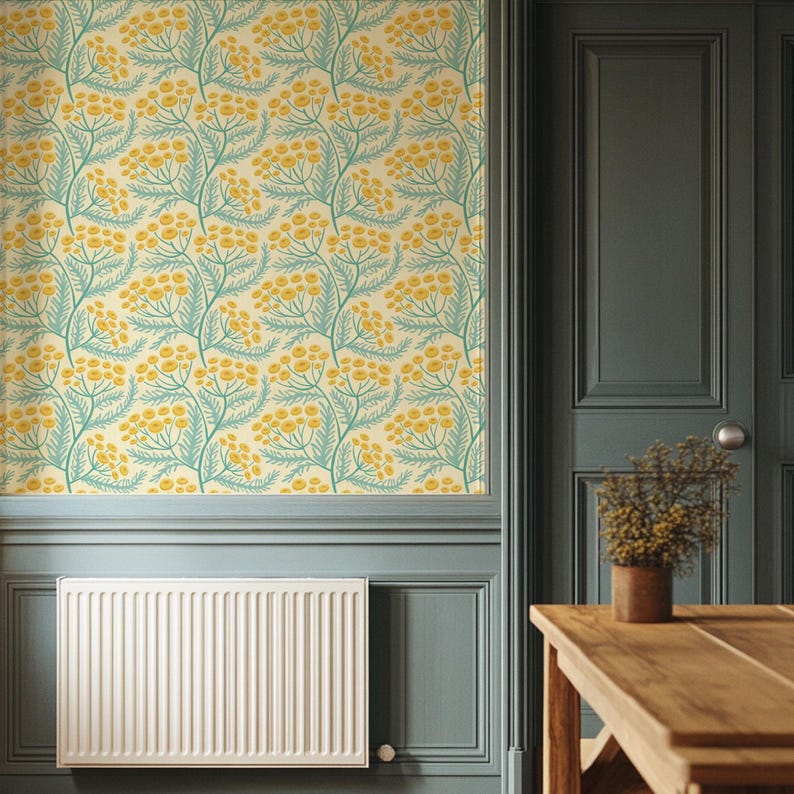 Tansy Cottagecore Block Print Floral Wallpaper | Colourful Blue and Yellow Wildflower Wall Mural | Peel & Stick or Traditional Wallpaper imagen 13