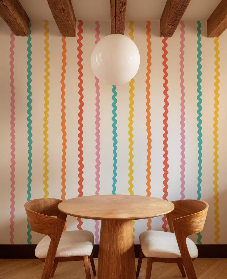 Papel pintado de rayas onduladas arcoíris / Habitación infantil fresca y colorida / Paredes divertidas de estilo escandinavo para sala de juegos o guardería / Autoadhesivo o sin adhesivo imagen 13