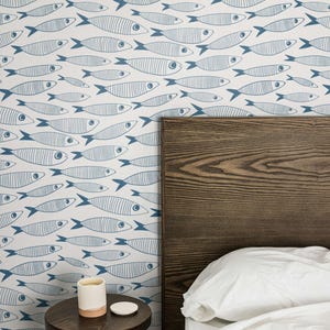 Coastal Sardines Blue & White Wallpaper | Vintage Fish Bathroom or Kitchen Wall Mural image 12