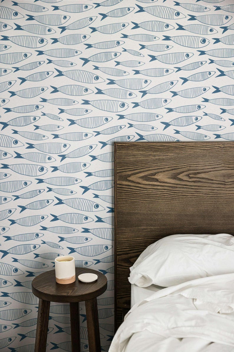 Coastal Sardines Blue & White Wallpaper | Vintage Fish Bathroom or Kitchen Wall Mural image 12