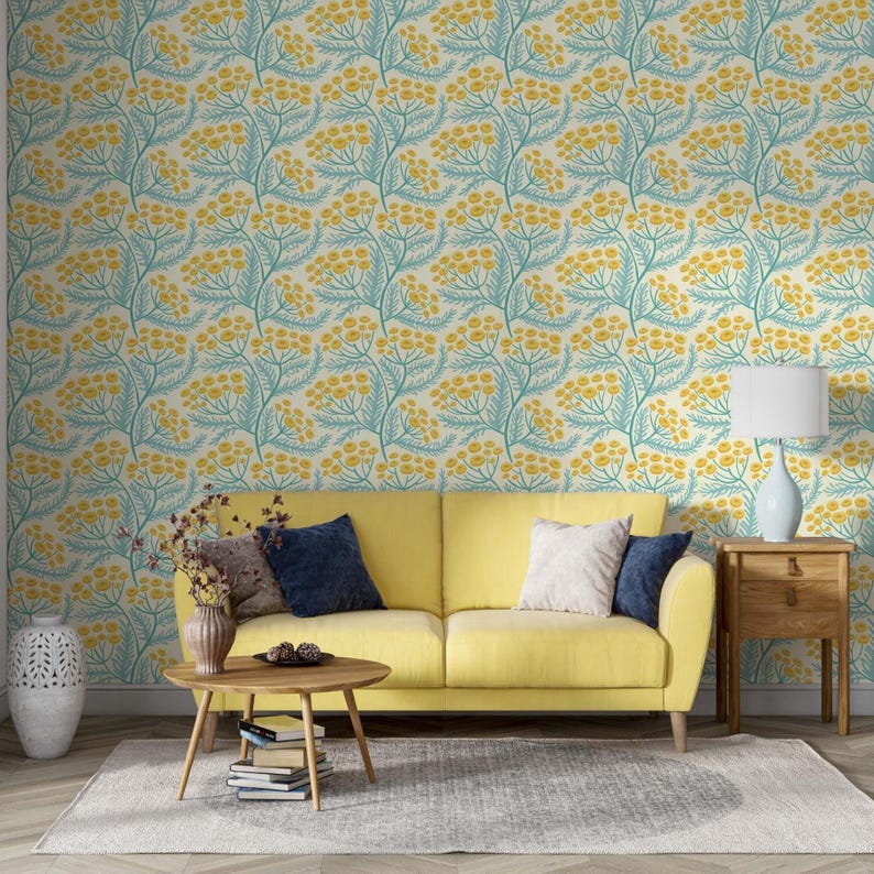 Tansy Cottagecore Block Print Floral Wallpaper | Colourful Blue and Yellow Wildflower Wall Mural | Peel & Stick or Traditional Wallpaper imagen 14