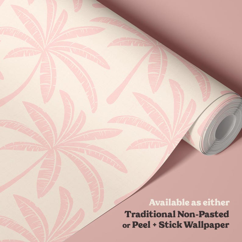 Preppy Pink Palm Tree Wallpaper | Tropical Banana Leaf Wall Decor for Palm Springs Style Bathroom or Bedroom | Peel & Stick or Traditional imagen 5