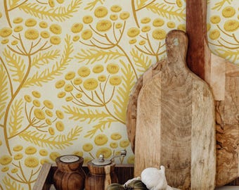 Butter Yellow Cottagecore Block Print Floral Wallpaper | Cream and Mustard Tansy Wildflower Wall Mural | Peel & Stick or Paste-the-Wall