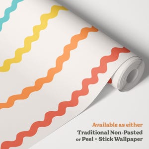 Papel pintado de rayas onduladas arcoíris / Habitación infantil fresca y colorida / Paredes divertidas de estilo escandinavo para sala de juegos o guardería / Autoadhesivo o sin adhesivo imagen 5