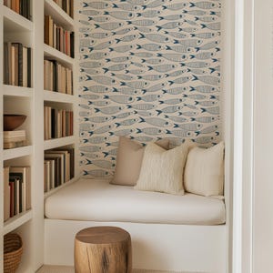 Coastal Sardines Blue & White Wallpaper | Vintage Fish Bathroom or Kitchen Wall Mural image 14