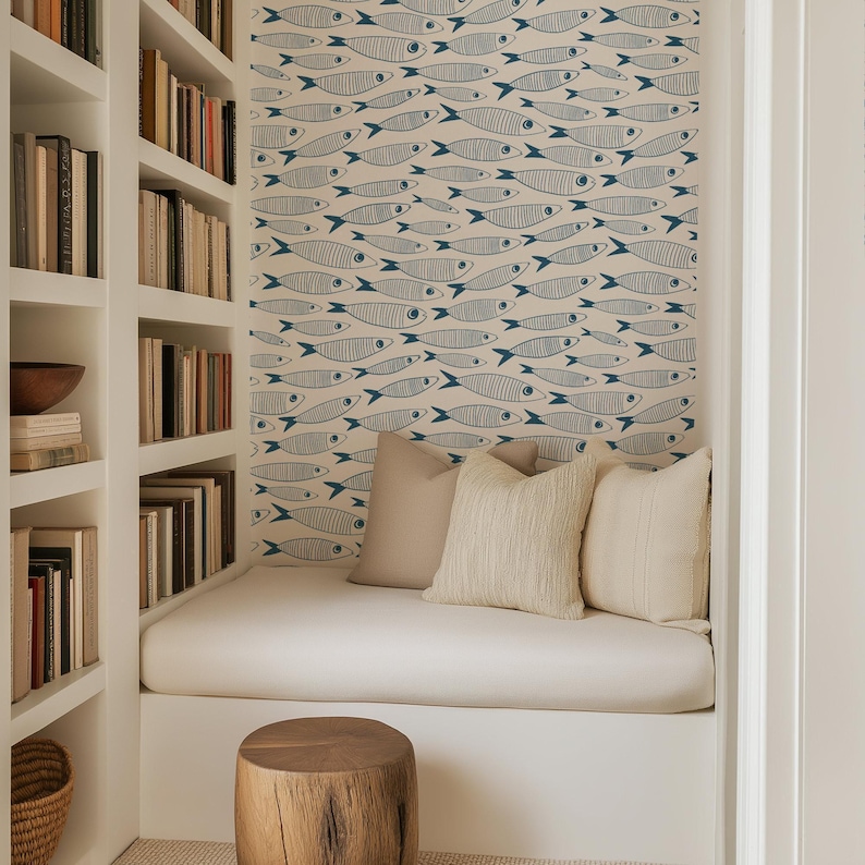 Coastal Sardines Blue & White Wallpaper | Vintage Fish Bathroom or Kitchen Wall Mural image 14