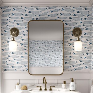 Coastal Sardines Blue & White Wallpaper | Vintage Fish Bathroom or Kitchen Wall Mural image 3