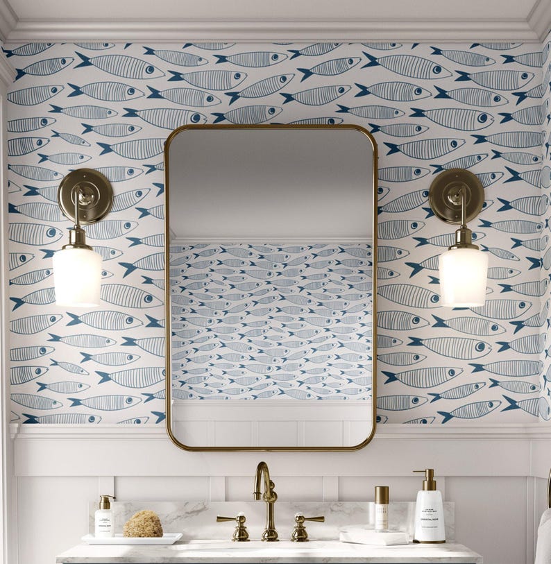 Coastal Sardines Blue & White Wallpaper | Vintage Fish Bathroom or Kitchen Wall Mural image 3