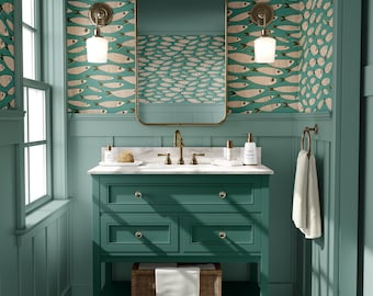 Sardinen Vintage Fische Teal Wallpaper | Bold Mid Century Küsten Bad oder Retro Küchenwand Wandbild | Peel & Stick oder Traditionell