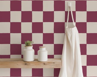 Burgundy and Cream Checkerboard Kitchen Wallpaper | Trending Wall Decor for Retro Eclectic Spaces (Peel & Stick, Pre-pasted or Traditional)