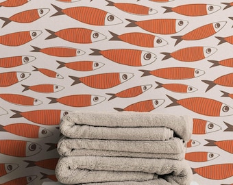 Sardines Orange Fish Wallpaper | Bold Retro Kids Bathroom or Mid Century Kitchen Goldfish Wall Mural | Peel & Stick or Paste-the-Wall