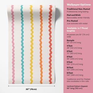 a variety of wallpaper options available in 7 panel lengths, including traditional non-pasted, peel and stick, removable, and pre-pasted options. The available options range from 30" (76 cm) to 60" (152 cm) wide panels, with sample sizes ranging from 20" (51 cm) to 48" (52 cm) long panels. The vertical pattern repeat is 60" (152 cm) long.