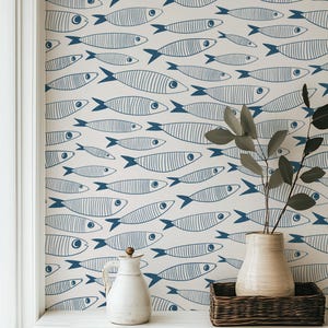 Coastal Sardines Blue & White Wallpaper | Vintage Fish Bathroom or Kitchen Wall Mural image 13