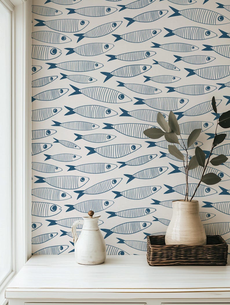 Coastal Sardines Blue & White Wallpaper | Vintage Fish Bathroom or Kitchen Wall Mural image 13