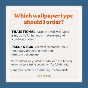 The image is a question and answer guide about which wallpaper type to order, featuring two options: traditional paste-the-wall wallpaper and peel and stick wallpaper.