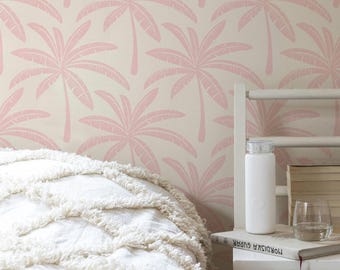 Preppy rosa Palme Wallpaper | Tropische Bananenblatt-Wanddekoration für Badezimmer oder Schlafzimmer im Palm Springs Stil | Peel & Stick oder Traditionell
