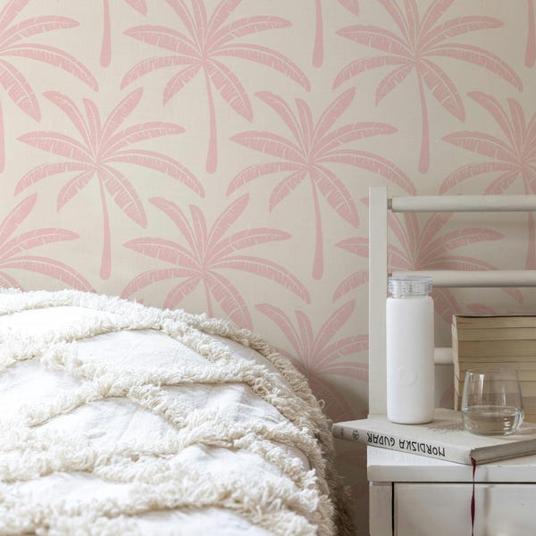Preppy roze palmboombehang | Wanddecoratie tropisch bananenblad voor badkamer of slaapkamer in Palm Springs-stijl | Peel & Stick of traditioneel