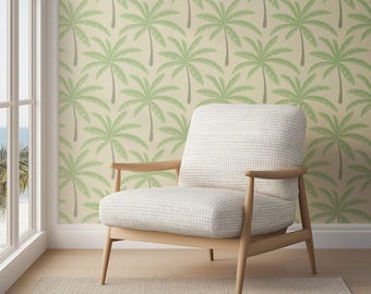 Sage Green Palm Tree Wallpaper | Tropical Coastal Palm Leaves for Bedroom, Bathroom or Beach House Decor | Peel & Stick or Traditional