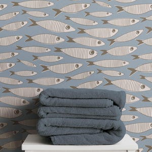 Muted Grey Blue Vintage Sardines Wallpaper | Mid Century Fish Coastal Bathroom or Retro Kitchen Wall Mural (Peel & Stick or Paste-the-Wall)