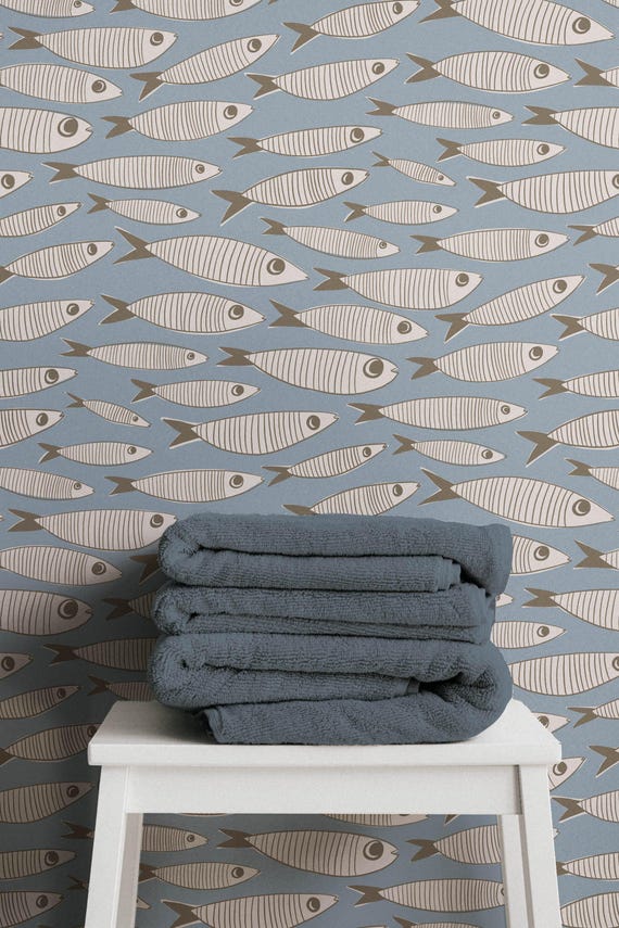Muted Grey Blue Vintage Sardines Wallpaper | Mid Century Fish Coastal Bathroom or Retro Kitchen Wall Mural (Peel & Stick or Paste-the-Wall)