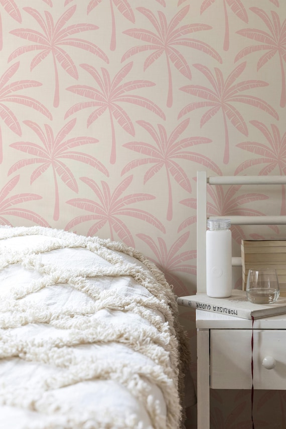 Preppy Pink Palm Tree Wallpaper | Tropical Banana Leaf Wall Decor for Palm Springs Style Bathroom or Bedroom | Peel & Stick or Traditional