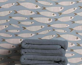 Muted Grey Blue Vintage Sardines Wallpaper | Mid Century Fish Coastal Bathroom or Retro Kitchen Wall Mural (Peel & Stick or Paste-the-Wall)