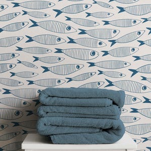 Coastal Sardines Blue & White Wallpaper | Vintage Fish Bathroom or Kitchen Wall Mural image 2