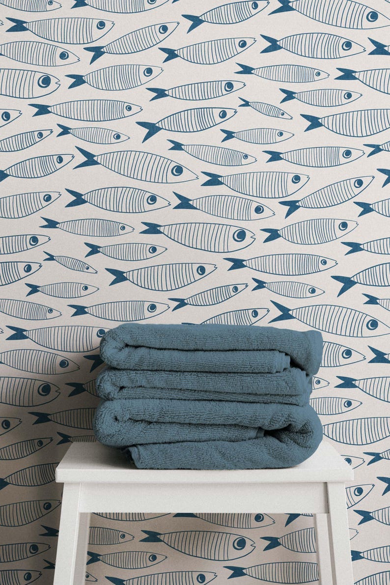 Coastal Sardines Blue & White Wallpaper | Vintage Fish Bathroom or Kitchen Wall Mural image 2