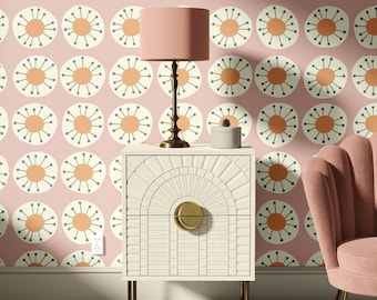 Atomic Starburst Retro 60s Wallpaper | Mid-Century Geometric Wall Mural in Pink Cream and Orange | Traditional, Peel & Stick or Pre-Pasted