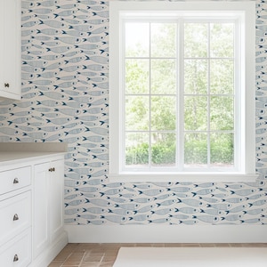 Coastal Sardines Blue & White Wallpaper | Vintage Fish Bathroom or Kitchen Wall Mural image 11