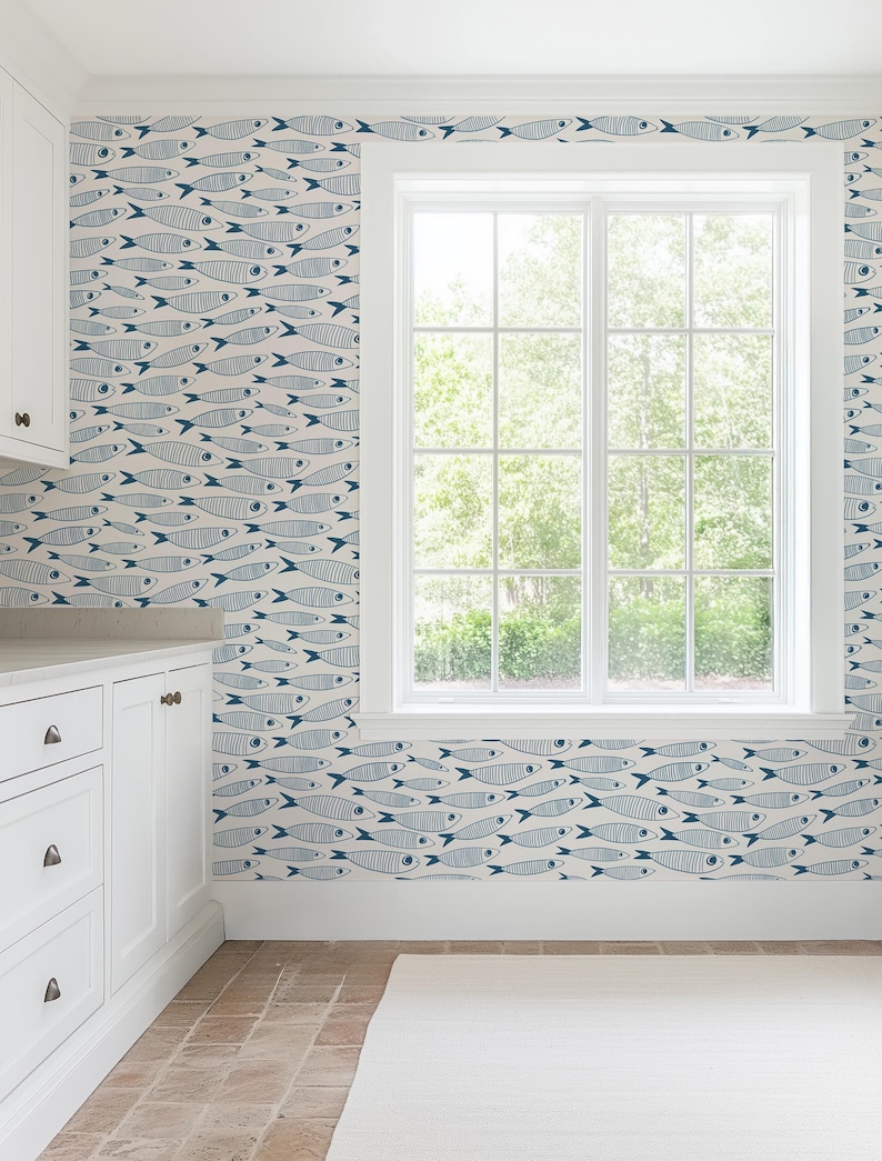 Coastal Sardines Blue & White Wallpaper | Vintage Fish Bathroom or Kitchen Wall Mural image 11