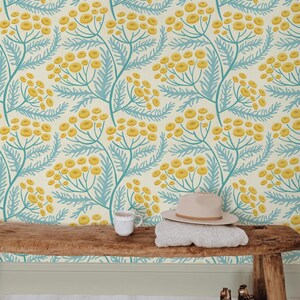 Tansy Cottagecore Block Print Floral Wallpaper | Colourful Blue and Yellow Wildflower Wall Mural | Peel & Stick or Traditional Wallpaper imagen 7
