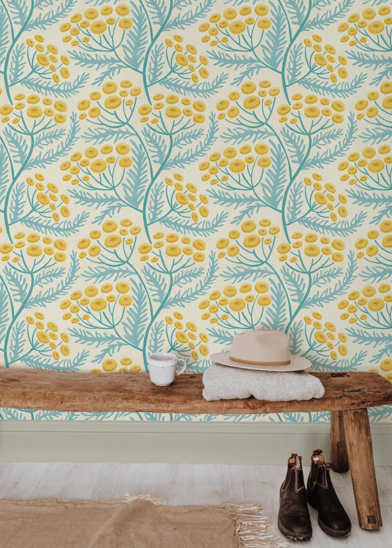 Tansy Cottagecore Block Print Floral Wallpaper | Colourful Blue and Yellow Wildflower Wall Mural | Peel & Stick or Traditional Wallpaper imagen 7