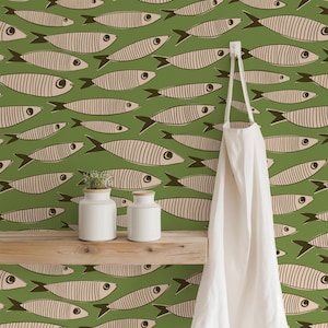Sardines Vintage Fish Warm Green Wallpaper | Bold Mid Century Coastal Bathroom or Retro Kitchen Wall Art | Peel & Stick or Paste-the-Wall