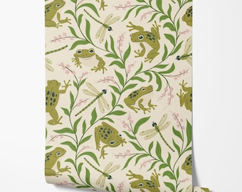 Papel pintado de ranas / Mural de pared botánico suave con ranas y libélulas / Baño o habitación infantil en verde y rosa / Autoadhesivo o tradicional
