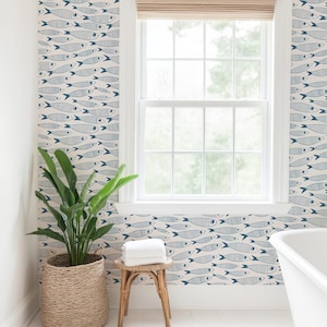 Coastal Sardines Blue & White Wallpaper | Vintage Fish Bathroom or Kitchen Wall Mural image 4