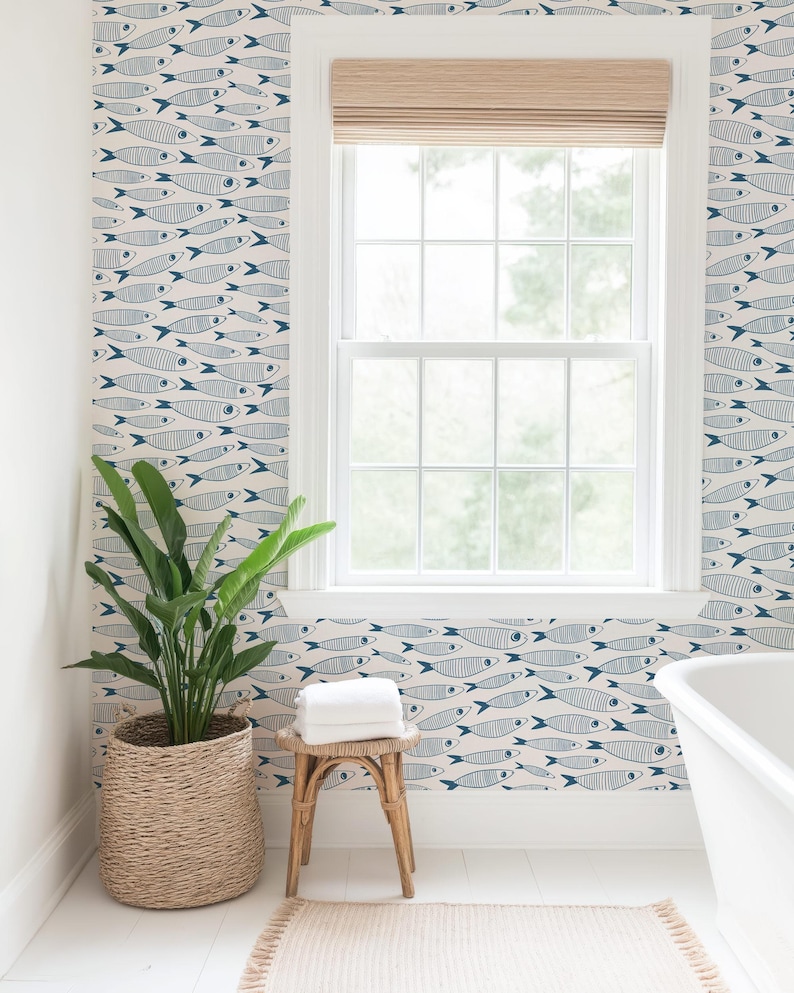 Coastal Sardines Blue & White Wallpaper | Vintage Fish Bathroom or Kitchen Wall Mural image 4