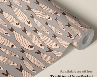 Sardinen Vintage Fische Graue Tapete | Bold Mid Century Küsten Bad oder Retro Küchenwand Wandbild | Peel & Stick oder Paste-the-Wall
