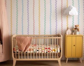Papel pintado de rayas onduladas de arcoíris en tonos pastel / Decoración fresca y colorida para la habitación infantil, guardería o sala de juegos de niñas / Autoadhesivo o sin adhesivo