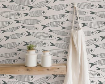 Coastal Sardinen Muted Black & White Wallpaper | Vintage Fisch Wandbild für Bad oder Küche | Schälen und Aufkleben oder Einkleben-die-Wand