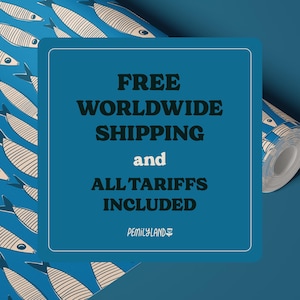 a blue background with a white text box containing the text "FREE WORLDWIDE SHIPPING AND ALL TARIFFS INCLUDED" and a logo for "PENNYLAND".