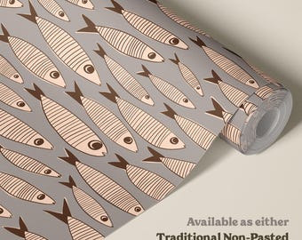 Sardines Vintage Fish Grey Wallpaper | Bold Mid Century Coastal Bathroom or Retro Kitchen Wall Mural | Peel & Stick or Paste-the-Wall