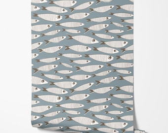 Muted Blue Sardines Vintage Fish Wallpaper | Classic Coastal Bathroom or Seaside Kitchen Wall Mural | Peel & Stick or Traditional