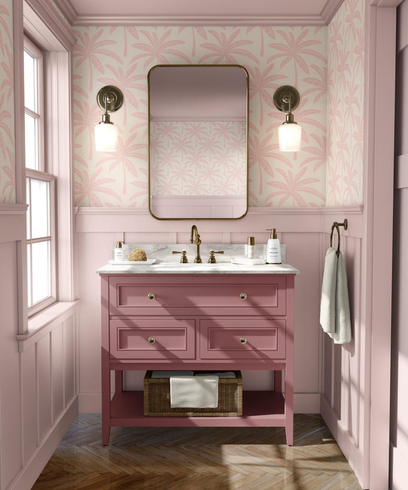 Preppy Pink Palm Tree Wallpaper | Tropical Banana Leaf Wall Decor for Palm Springs Style Bathroom or Bedroom | Peel & Stick or Traditional imagen 4